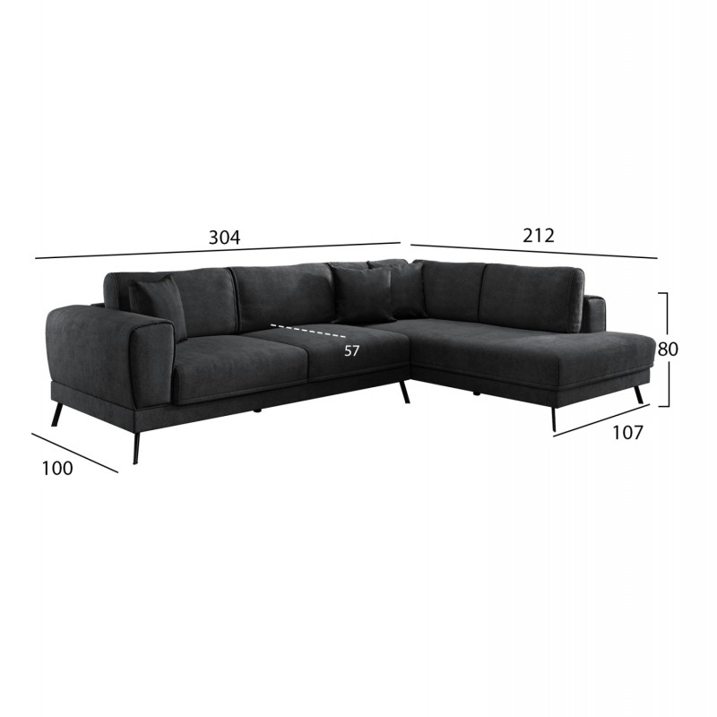 ΚΑΝΑΠΕΣ ΚΡΕΒΑΤΙ ΔΕΞΙΑ ΓΩΝΙΑ ZENORA HM3337.01R ΣΚΟΥΡΟ ΓΚΡΙ ΥΦΑΣΜΑ 304x212x80Υεκ