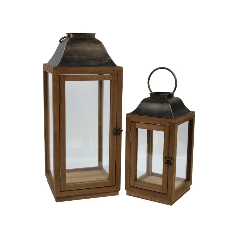 KARIMA ΦΑΝΑΡΙ SET 2ΤΜΧ 23x23x56cm ΞΥΛΟ ΦΥΣΙΚΟ ΣΚΟΥΡΟ ΓΥΑΛΙ