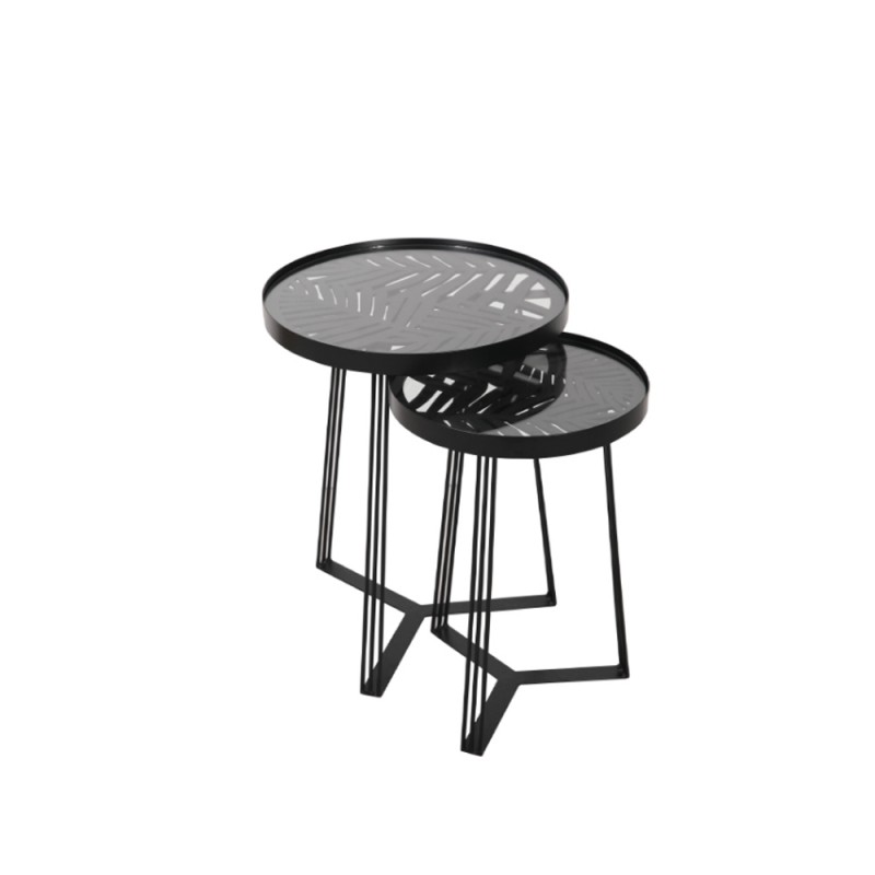 JUNGLE SIDE TABLE SET ΜΑΥΡΟ ΜΕ PATTERN ΜΑΥΡΟ D40-32xH50-45cm