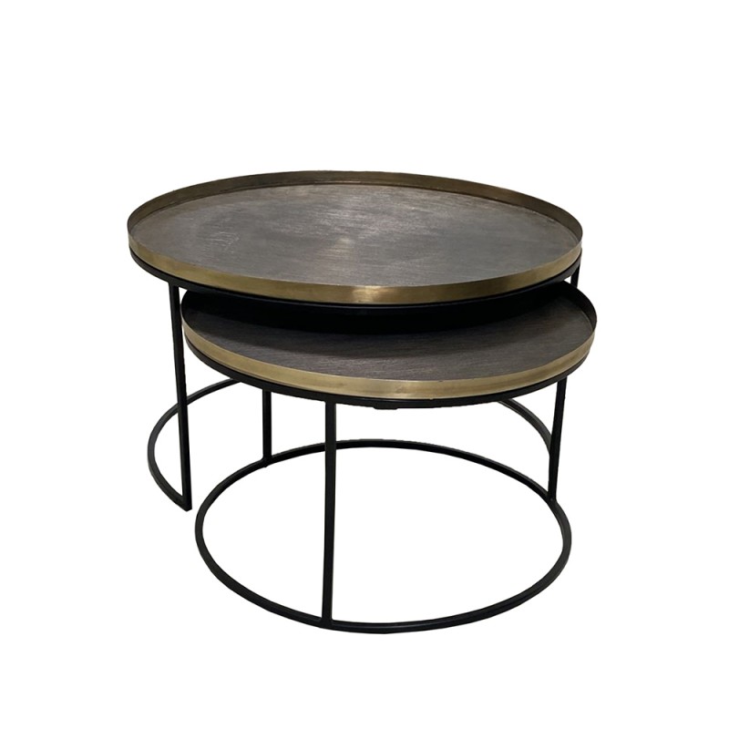 TOTALE COFFEE TABLE SET 2ΤΕΜ BRASS ANTIQUE ΜΑΥΡΟ D76/61xH43,5/39cm