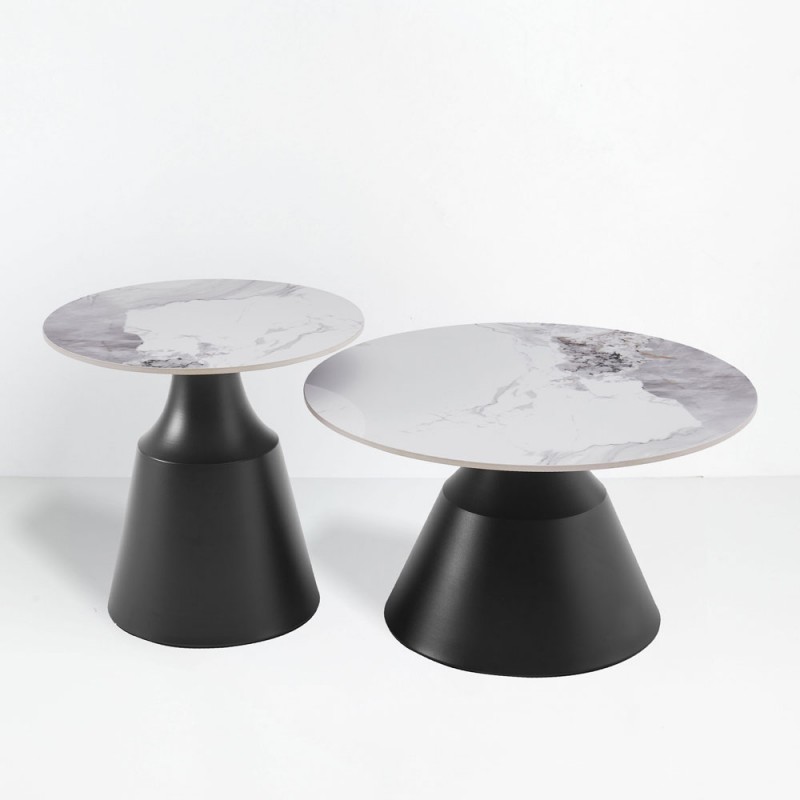 ATRIUM COFFEE TABLE SET 2ΤΕΜ ΛΕΥΚΟ ΜΕ ΟΨΗ ΜΑΡΜΑΡΟΥ ΜΑΥΡΟ 70x70x38cm