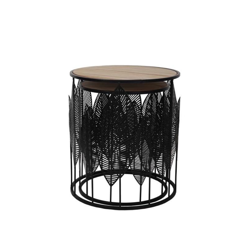 LEAF COFFEE TABLE SET 2ΤΕΜ ΜΑΥΡΟ ΦΥΣΙΚΟ D40-33,5xH45-40cm