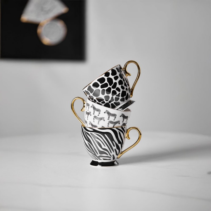 SAFARI ΚΟΥΠΑ 11x11x9cm NEW BONE CHINA ΛΕΥΚΟ ΜΑΥΡΟ ΧΡΥΣΟ