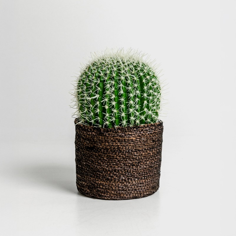 FEROCACTUS ΦΥΤΟ ΤΕΧΝΗΤΟ ΣΕ ΓΛΑΣΤΡΑ 18x18x30cm ΥΦΑΣΜΑ ΠΡΑΣΙΝΟ ΛΕΥΚΟ ΠΛΑΣΤΙΚΟ