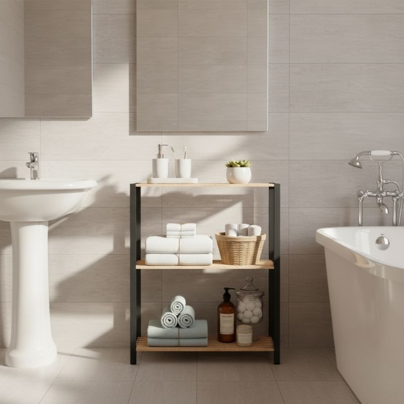 Ραφιέρα Δαπέδου - Τραπεζάκι Βοηθητικό Ξύλινο - Πλαστικό Χρώμα Φυσικό - Μαύρο 65X29X78Εκ.