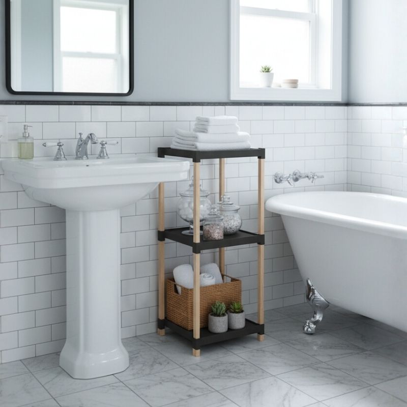 Ραφιέρα Δαπέδου Πλαστική - Ξύλινη Χρώμα Φυσικό - Μαύρο 28X25X72Εκ.