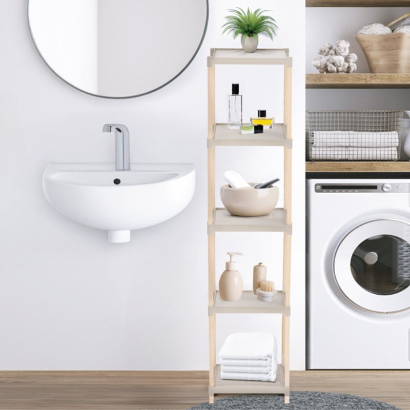 Ραφιέρα Δαπέδου Πλαστική - Ξύλινη Χρώμα Φυσικό - Μπεζ 28X25X137Εκ.