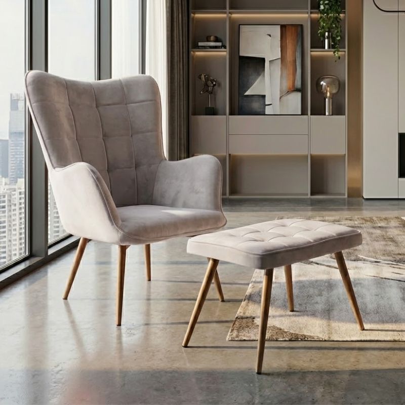 Πολυθρόνα - Μπερζέρα Με Υποπόδιο Lily Megapap Μπεζ Βελούδο - Μεταλλικό Πόδι Χρώμα Φυσικό 70X62X98Εκ.