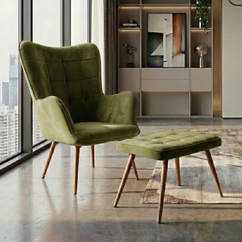 Πολυθρόνα - Μπερζέρα Με Υποπόδιο Lily Megapap Λαδί Βελούδο - Μεταλλικό Πόδι Χρώμα Φυσικό 70X62X98Εκ.