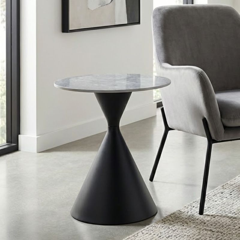 Τραπεζάκι Βοηθητικό Logan Megapap Sintered Stone - Μέταλλο Χρώμα Γκρι Εφέ Μαρμάρου - Μαύρο Ø50X56Εκ.