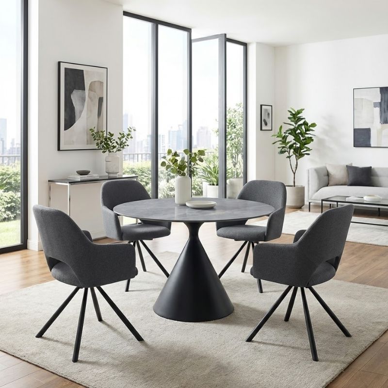 Τραπέζι Logan Megapap Sintered Stone - Μέταλλο Χρώμα Γκρι Εφέ Μαρμάρου - Μαύρο Ø120X72Εκ.