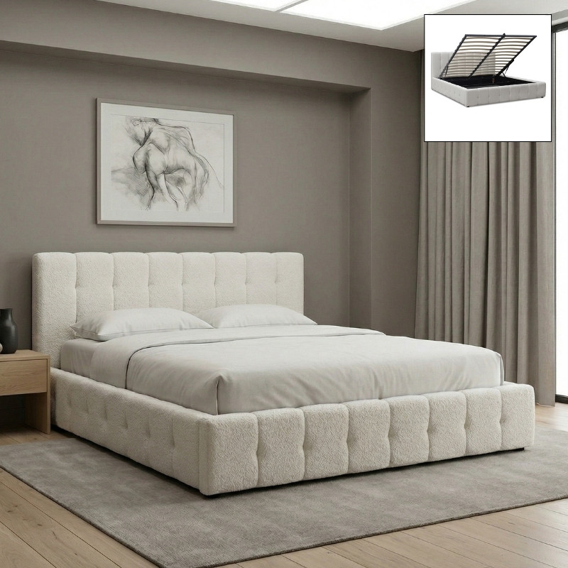 Κρεβάτι Norah Megapap Μπουκλέ Ύφασμα Με Αποθηκευτικό Χώρο Χρώμα Ivory 160X200Εκ.