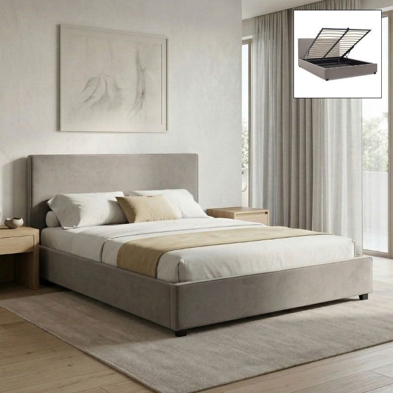 Κρεβάτι Verona Megapap Υφασμάτινο Με Αποθηκευτικό Χώρο Χρώμα Γκρι - Μπεζ 160X200Εκ.