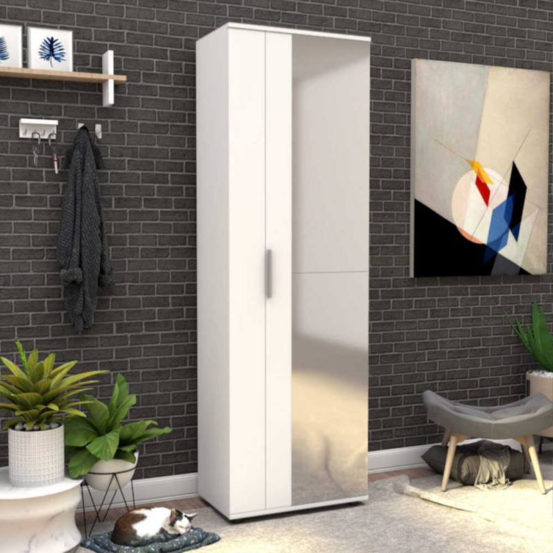 Ντουλάπα Ρούχων - Παπουτσοθήκη 30 Ζευγών Porto Μονόφυλλη Με Καθρέφτη Λευκή 60X36X187Εκ.