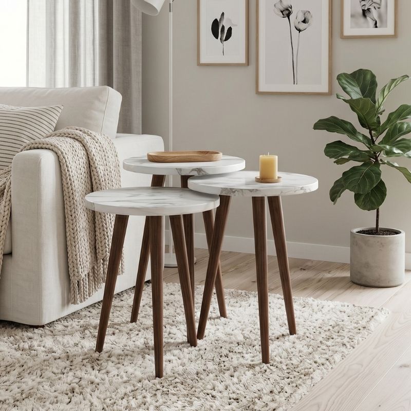 Τραπεζάκι Βοηθητικό Σετ 3 Τμχ Cruz Megapap Χρώμα Λευκό Εφέ Μαρμάρου Ø33X46Εκ.