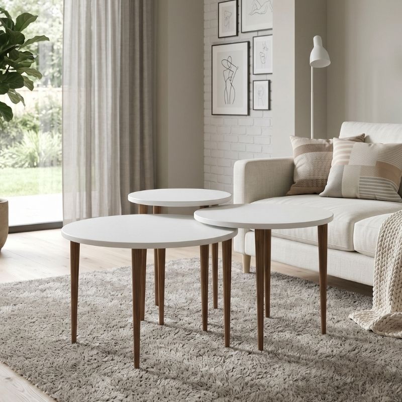 Τραπεζάκι Σαλονιού Σετ 3 Τμχ Nola Megapap Χρώμα Λευκό Ø60X46Εκ.