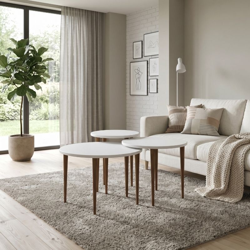 Τραπεζάκι Σαλονιού Σετ 3 Τμχ Nola Megapap Χρώμα Λευκό Ø60X46Εκ.