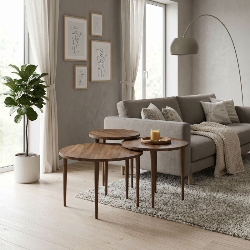 Τραπεζάκι Σαλονιού Σετ 3 Τμχ Nola Megapap Χρώμα Καρυδί Ø60X46Εκ.