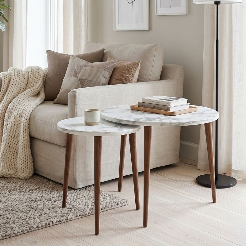 Τραπεζάκι Σαλονιού Σετ 2 Τμχ Nola Megapap Χρώμα Λευκό Εφέ Μαρμάρου Ø60X46Εκ.