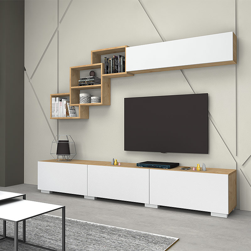 Σύνθεση Τηλεόρασης Free Megapap Από Μελαμίνη Χρώμα Λευκό - Sonoma 210X35X38Εκ.