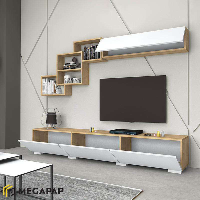 Σύνθεση Τηλεόρασης Free Megapap Από Μελαμίνη Χρώμα Λευκό - Sonoma 210X35X38Εκ.