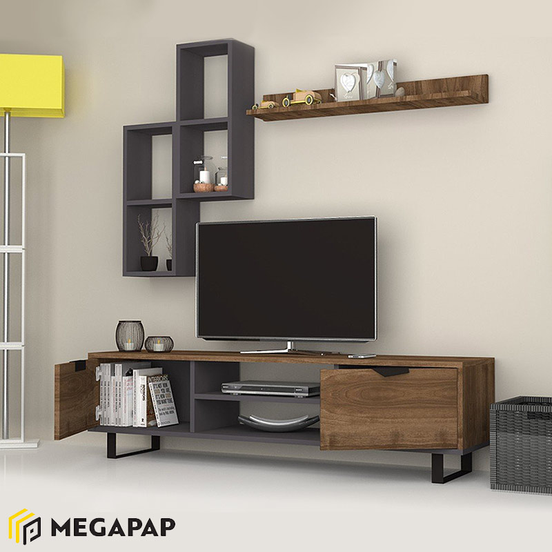 Σύνθεση Τηλεόρασης Lonsa Megapap Από Μελαμίνη Χρώμα Καρυδί - Γκρι 160X35X40Εκ. Σύνθεση Τηλεόρασης Lonsa Megapap Από Μελαμίνη Χρώμα Καρυδί - Γκρι 160X35X40Εκ.