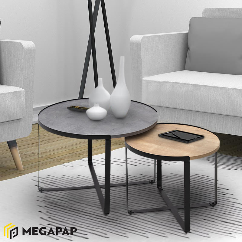 Τραπέζι Σαλονιού Davis Megapap 2Τμχ. Μεταλλικά - Μελαμίνης Ανθρακί/Sonoma 70X69X46Εκ.