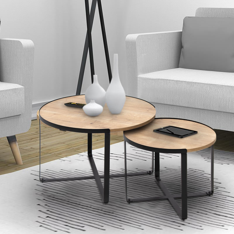 Σετ Τραπεζάκια Σαλονιού Davis Megapap 2Τμχ. Μεταλλικά - Μελαμίνης Σε Φυσικό Οξιάς 70X69X46Εκ.