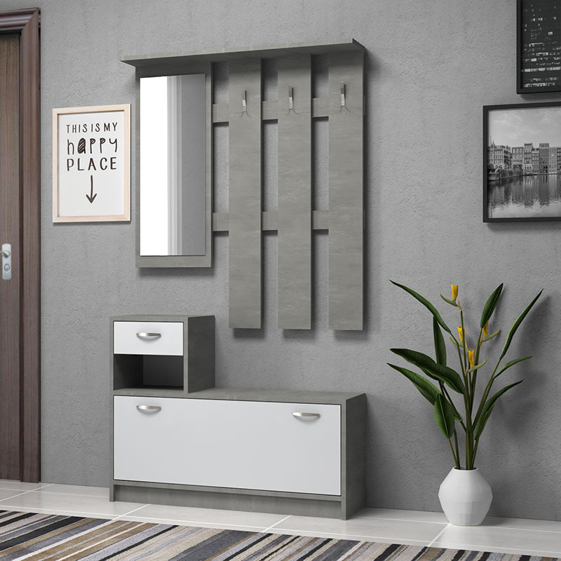 Έπιπλο Εισόδου Μελαμίνης Raynold Megapap Χρώμα Γκρι Σκυροδέματος - Λευκό 100X30X180Εκ.