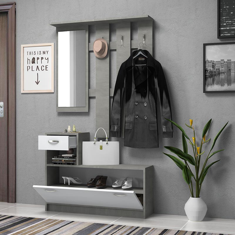 Έπιπλο Εισόδου Μελαμίνης Raynold Megapap Χρώμα Γκρι Σκυροδέματος - Λευκό 100X30X180Εκ.