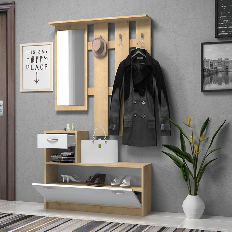 Έπιπλο Εισόδου Μελαμίνης Raynold Megapap Χρώμα Φυσικό - Λευκό 100X30X180Εκ.