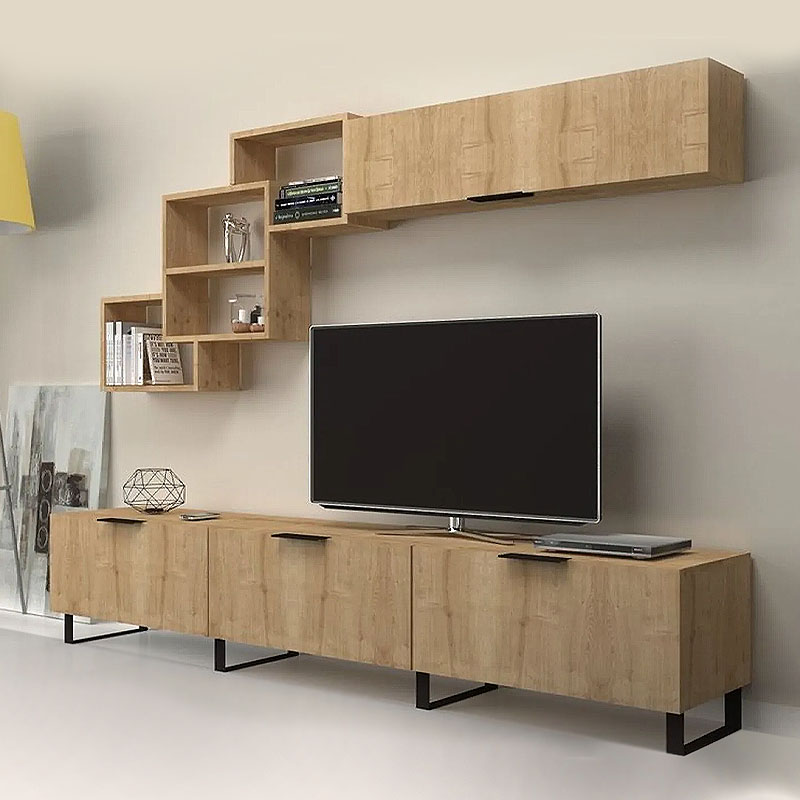 Σύνθεση Τηλεόρασης Heydar Megapap Από Μελαμίνη Χρώμα Φυσικό Οξιάς 210X35X50Εκ.