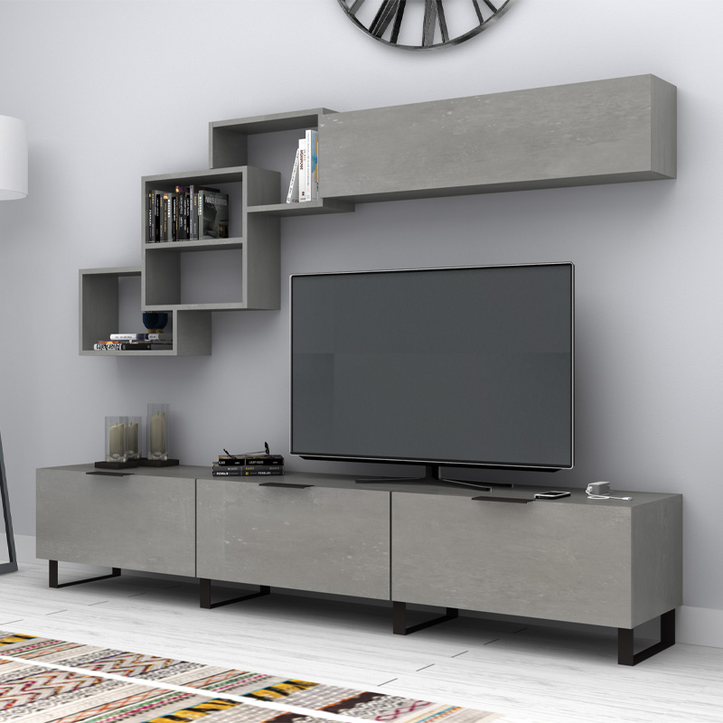 Σύνθεση Τηλεόρασης Heydar Megapap Χρώμα Γκρι Σκυροδέματος 210X35X40Εκ.