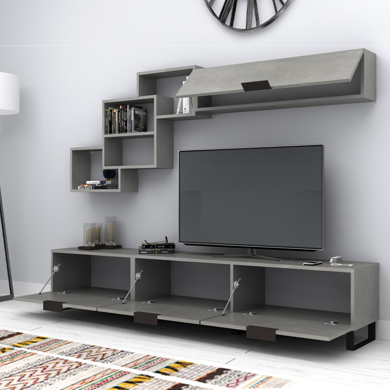 Σύνθεση Τηλεόρασης Heydar Megapap Χρώμα Γκρι Σκυροδέματος 210X35X40Εκ.