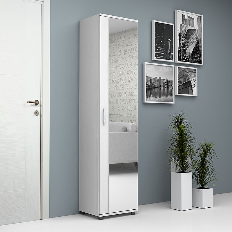 Ντουλάπα Ρούχων - Παπουτσοθήκη Visla Megapap Μονόφυλλη Από Μελαμίνη Με Καθρέπτη Χρώμα Λευκό 45X36X187Εκ.