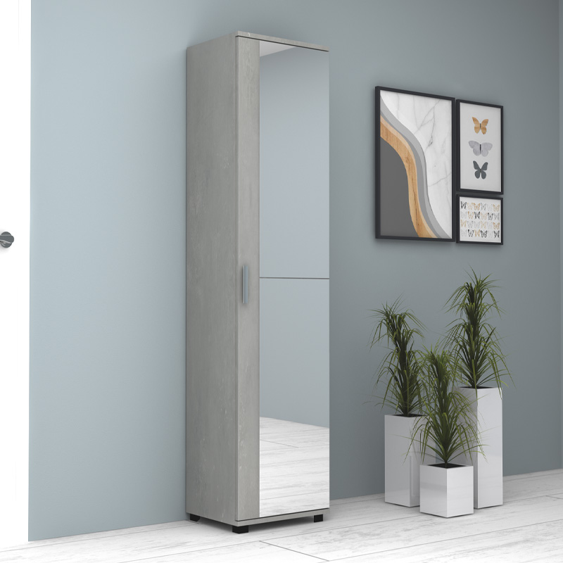 Ντουλάπα Ρούχων - Παπουτσοθήκη Visla Megapap Μονόφυλλη Με Καθρέπτη Χρώμα Γκρι Σκυροδέματος 45X36X187Εκ.