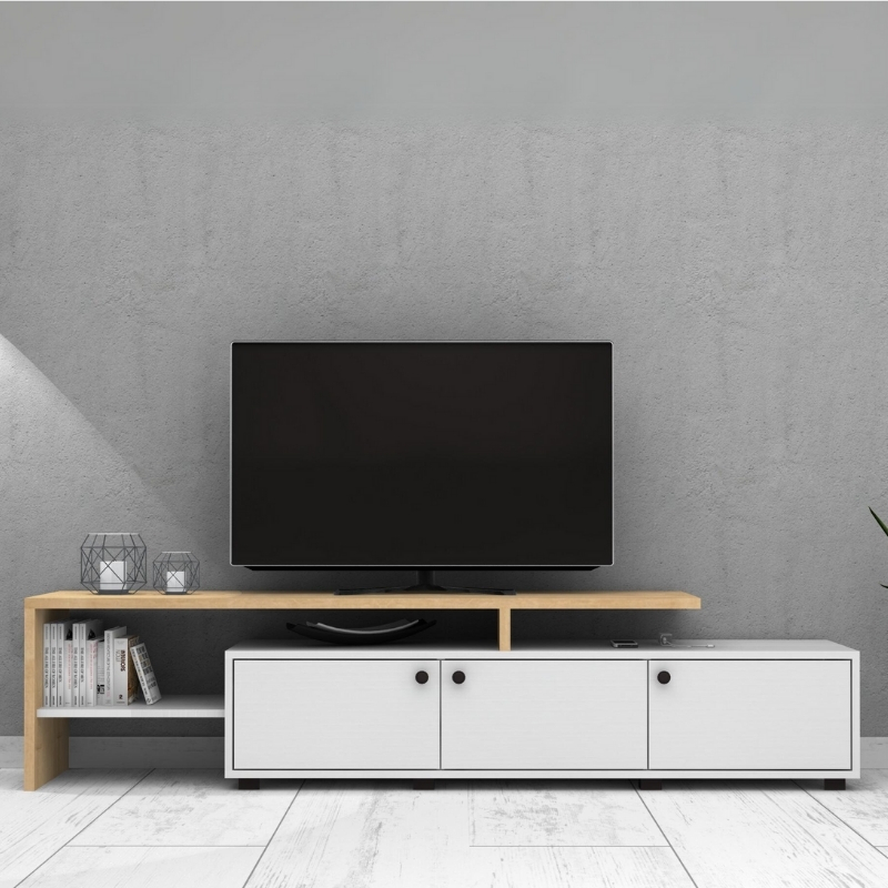 Έπιπλο Τηλεόρασης Amadeo Megapap Χρώμα Λευκό - Φυσικό Οξιάς 191,5X35X46Cm.