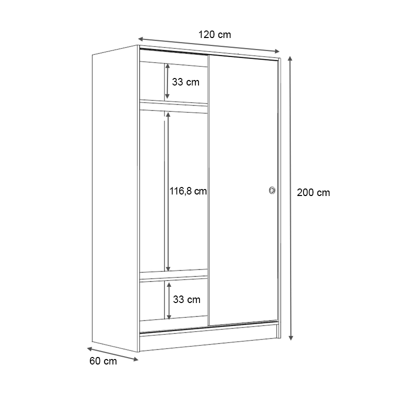 Ντουλάπα Ρούχων Regio Megapap Δίφυλλη Συρόμενη Χρώμα Καρυδί 120X60X200Εκ.