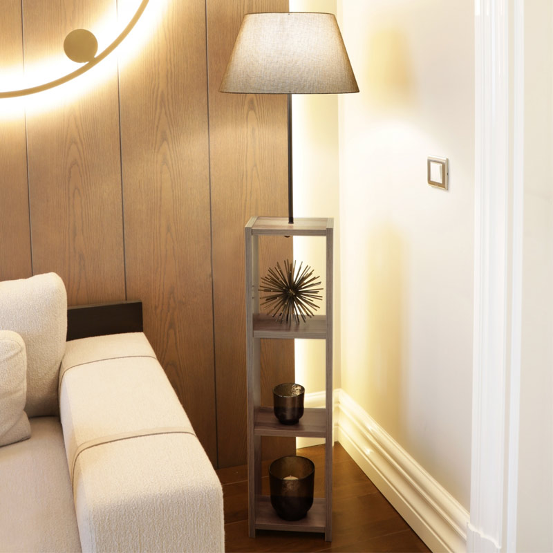 Φωτιστικό Δαπέδου Loyd Megapap Υφασμάτινο/Pvc/Mdf Χρώμα Μπεζ/Καρυδί 38X38X150Εκ.