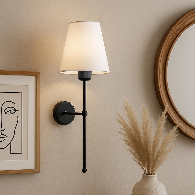 Απλίκα Τοίχου Verma Megapap E27 Υφασμάτινη - Μεταλλική Χρώμα Μαύρο - Κρεμ 13X13X50Εκ.