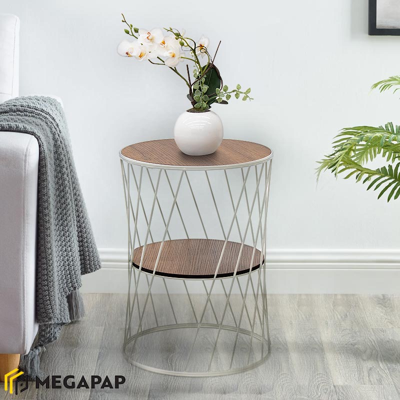 Βοηθητικό Τραπεζάκι Jaspin Megapap Μεταλλικό - Mdf Χρώμα Λευκό - Καρυδί 32X32X44Εκ.