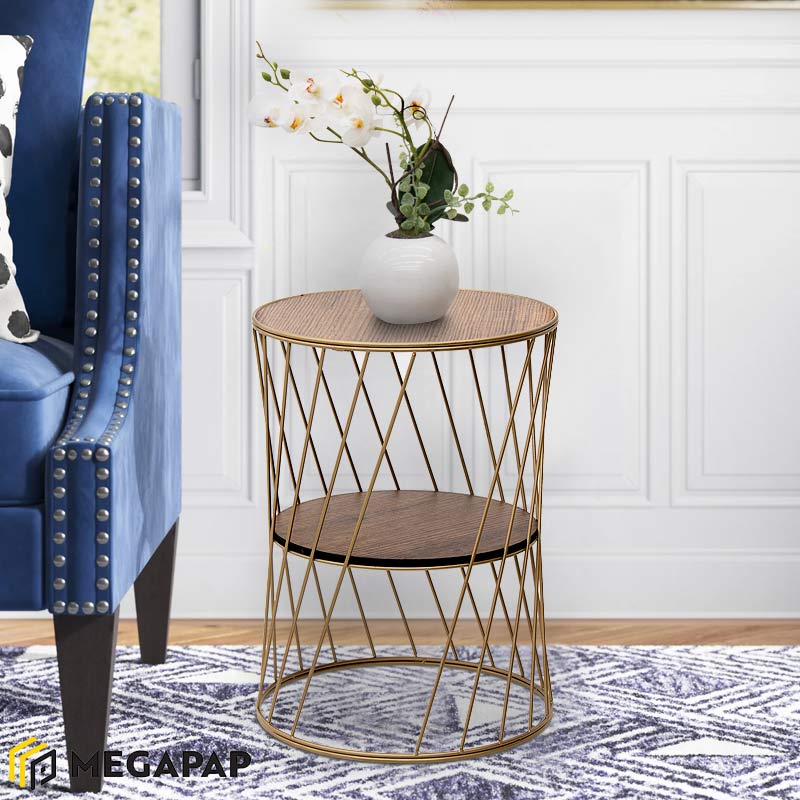 Βοηθητικό Τραπεζάκι Jaspin Megapap Μεταλλικό - Mdf Χρώμα Χρυσό - Καρυδί 32X32X44Εκ.