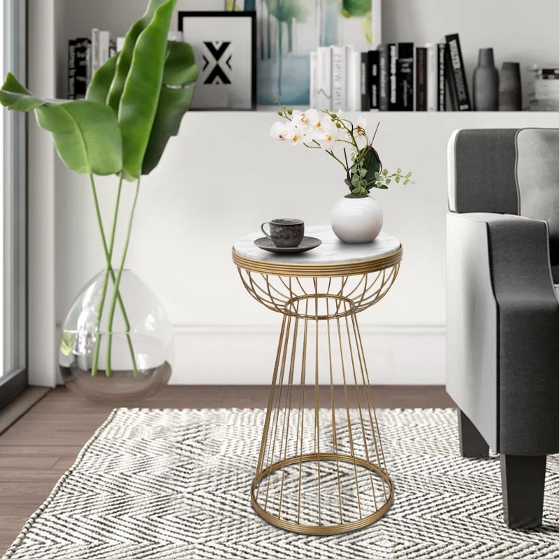 Βοηθητικό Τραπεζάκι Mantare Megapap Μεταλλικό - Mdf Χρώμα Χρυσό - Λευκό Εφέ Μαρμάρου 35X35X58Εκ.