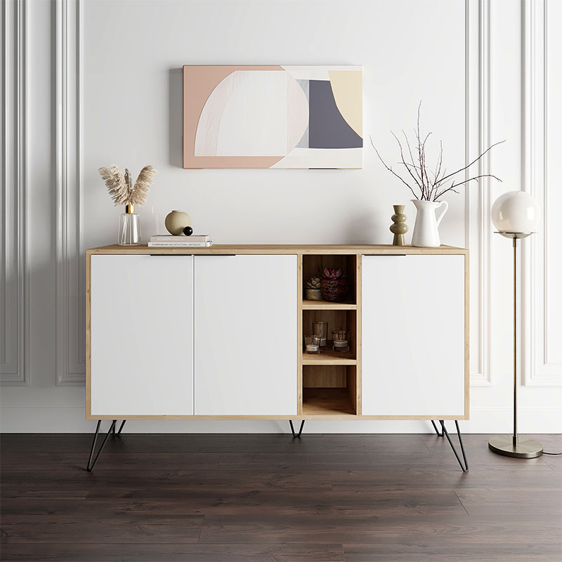 Μπουφές Μελαμίνης Clara Megapap Χρώμα Φυσικό Οξιάς - Λευκό 142X35,6X83Εκ.