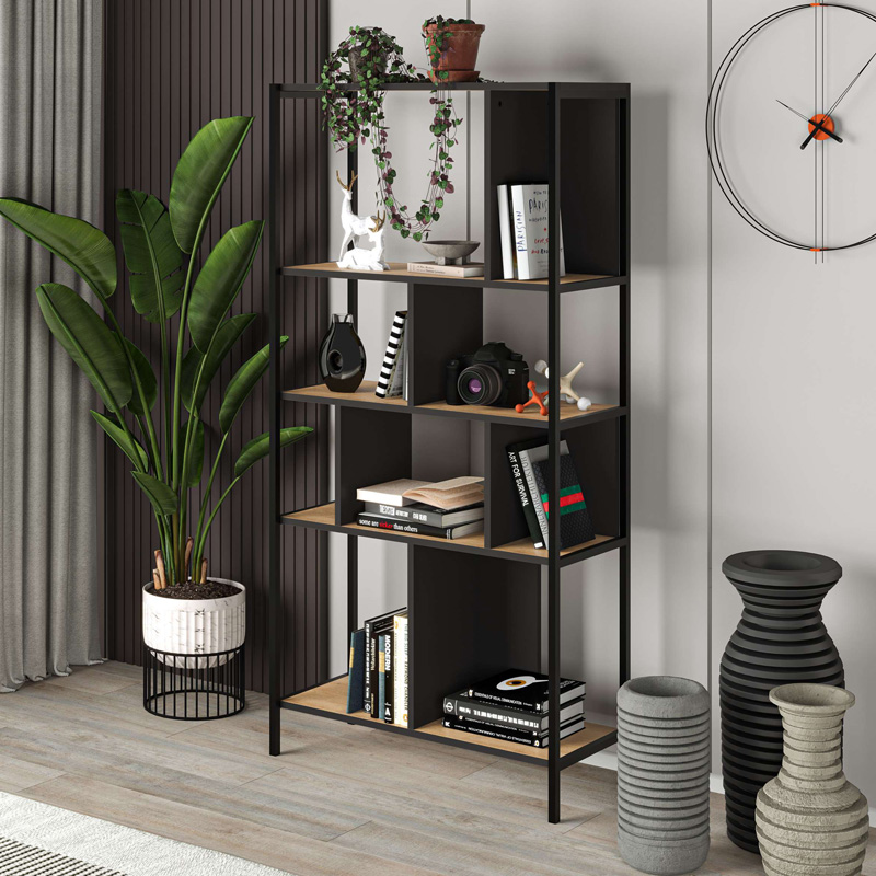 Βιβλιοθήκη Midi Megapap Χρώμα Sapphire Oak - Silky Black 88X35X175Εκ.