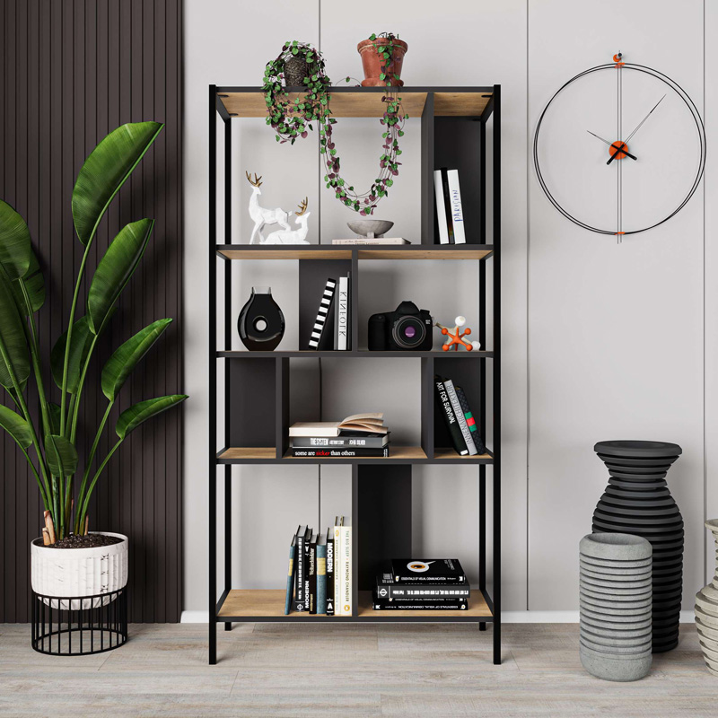 Βιβλιοθήκη Midi Megapap Χρώμα Sapphire Oak - Silky Black 88X35X175Εκ.