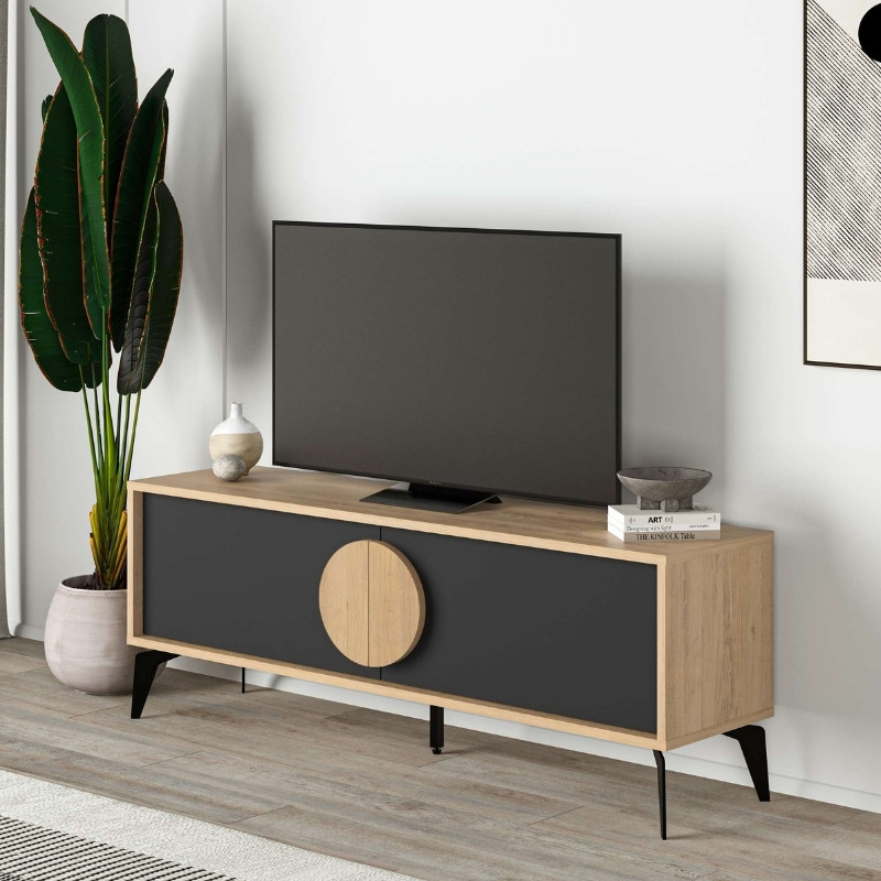 Έπιπλο Τηλεόρασης Gora Megapap Χρώμα Sapphire Oak - Silky Black 140X35,6X51Εκ.