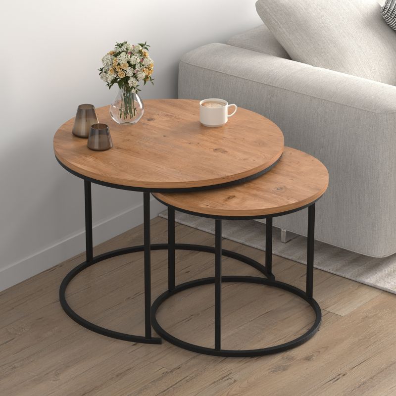 Τραπεζάκι Σαλονιού Σετ 2 Τμχ Hilal Megapap Χρώμα Pine Oak Ø66X49,5Εκ.