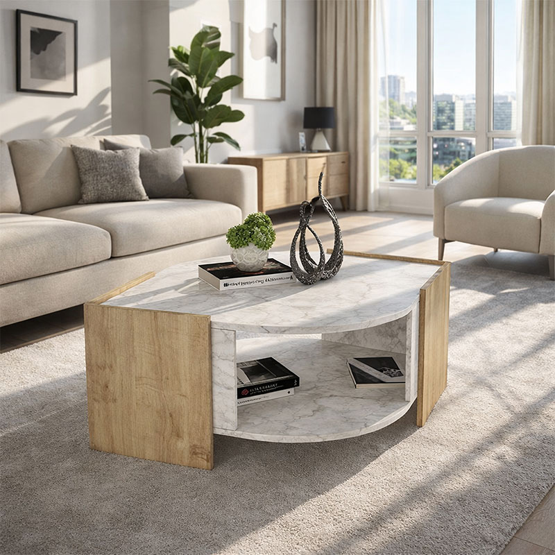 Τραπεζάκι Σαλονιού Marbel Megapap Χρώμα Sapphire Oak - Λευκό Εφέ Μαρμάρου 75X75X40Εκ.