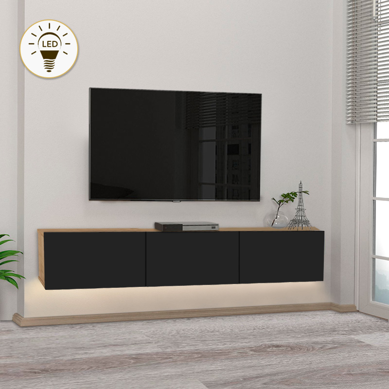 Έπιπλο Τηλεόρασης Επιτοίχιο Damla Megapap Με Led Χρώμα Sapphire Oak - Μαύρο 180X29,5X29,5Εκ.